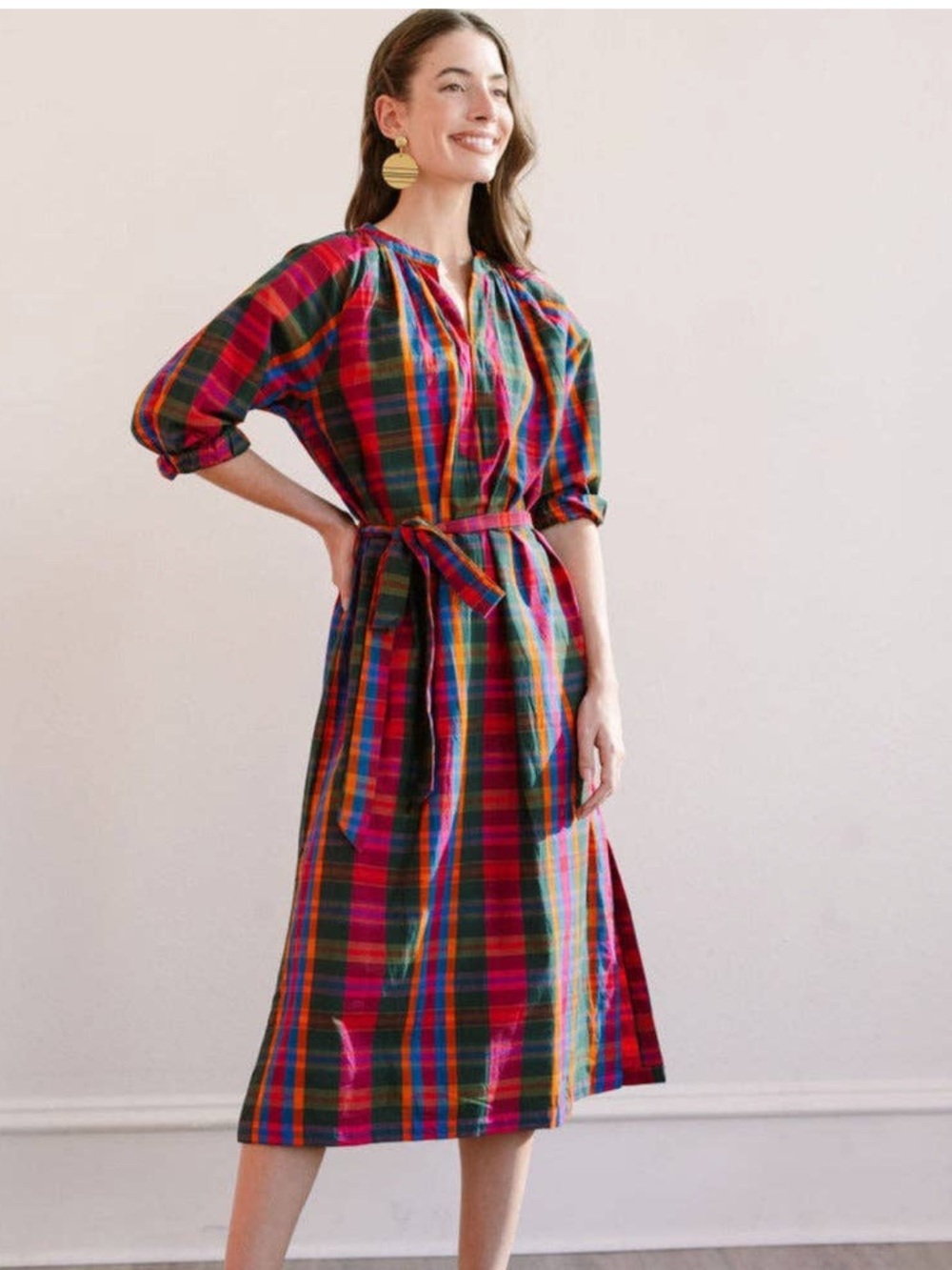 Sunshine Tienda Multicolor Plaid Midi 3/4 Sleeve Cotton Dress with Tie Waist